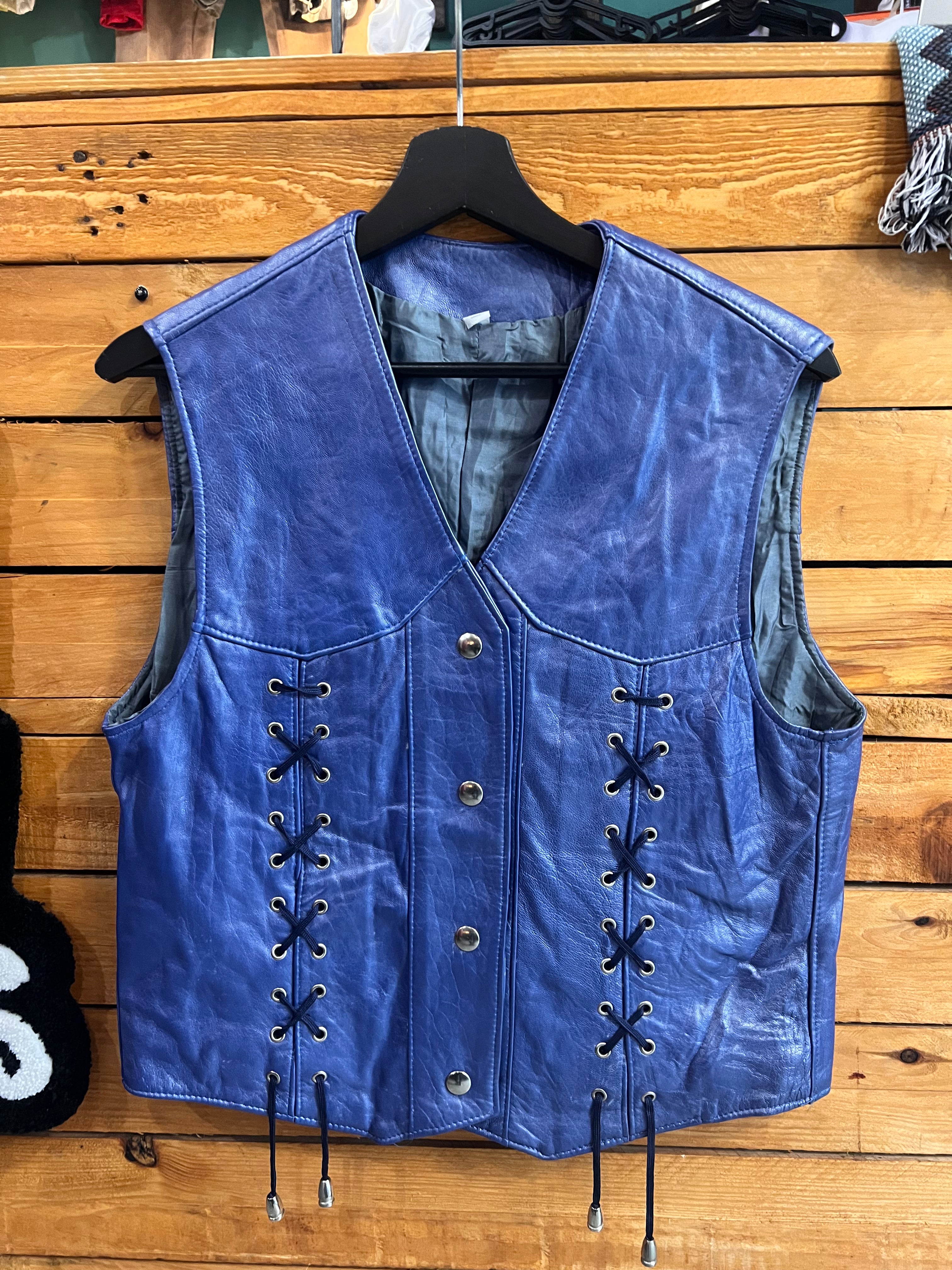 Gilet in Vera Pelle Blu Elettrico Anni '90 - Taglia S