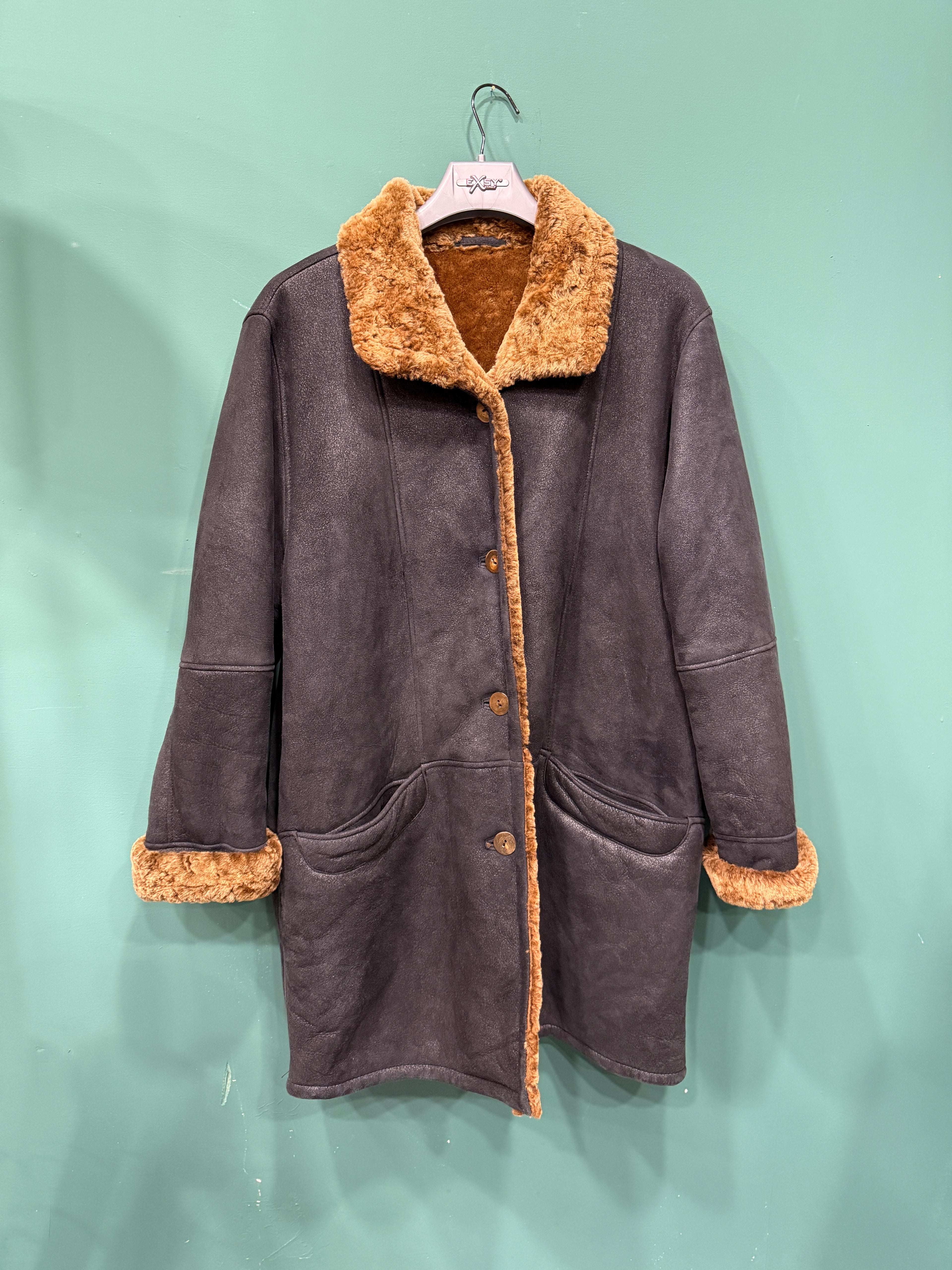 Women's Black Sheepskin Coat with Brown Fur - Size M