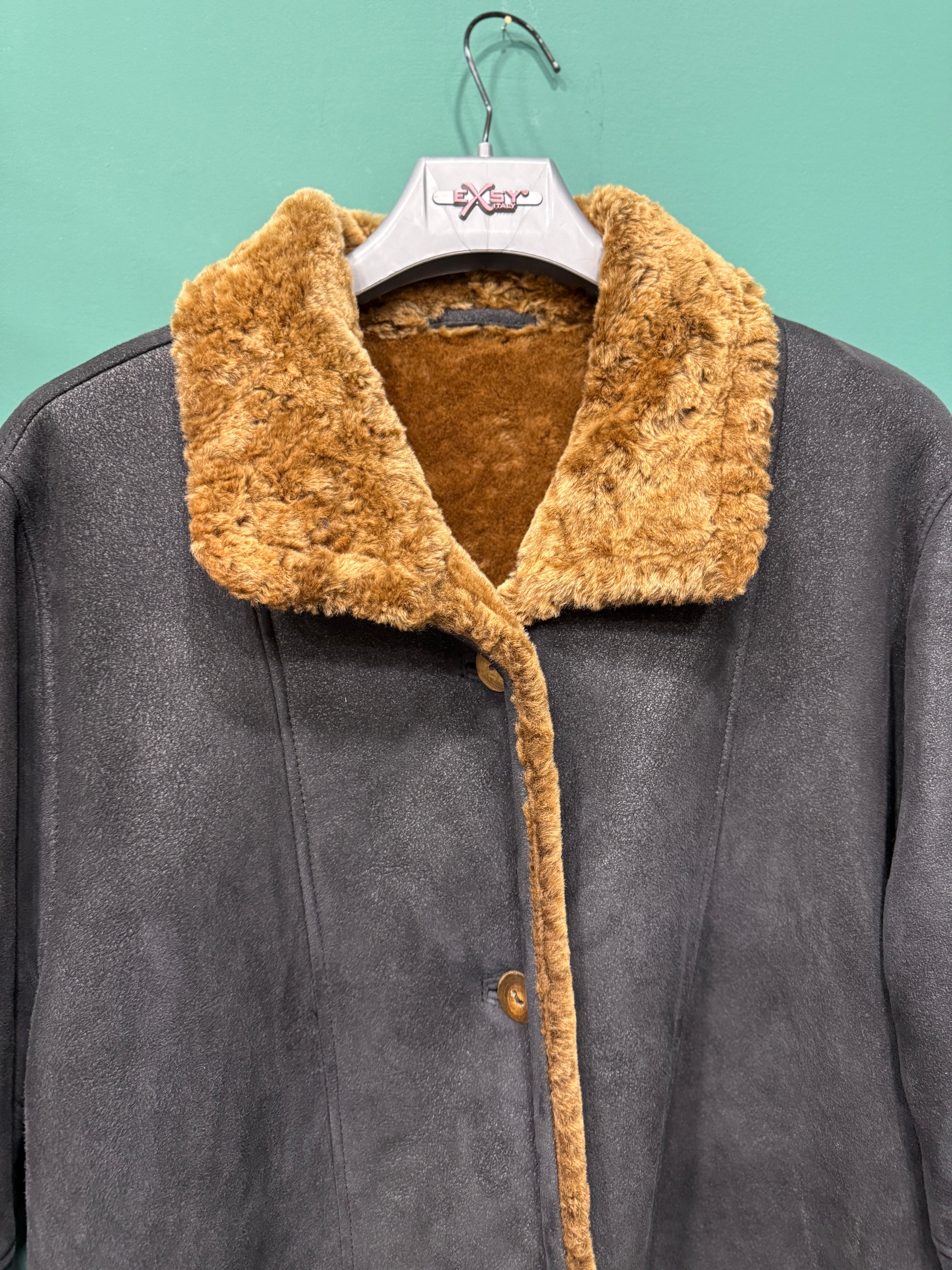 Women's Black Sheepskin Coat with Brown Fur - Size M