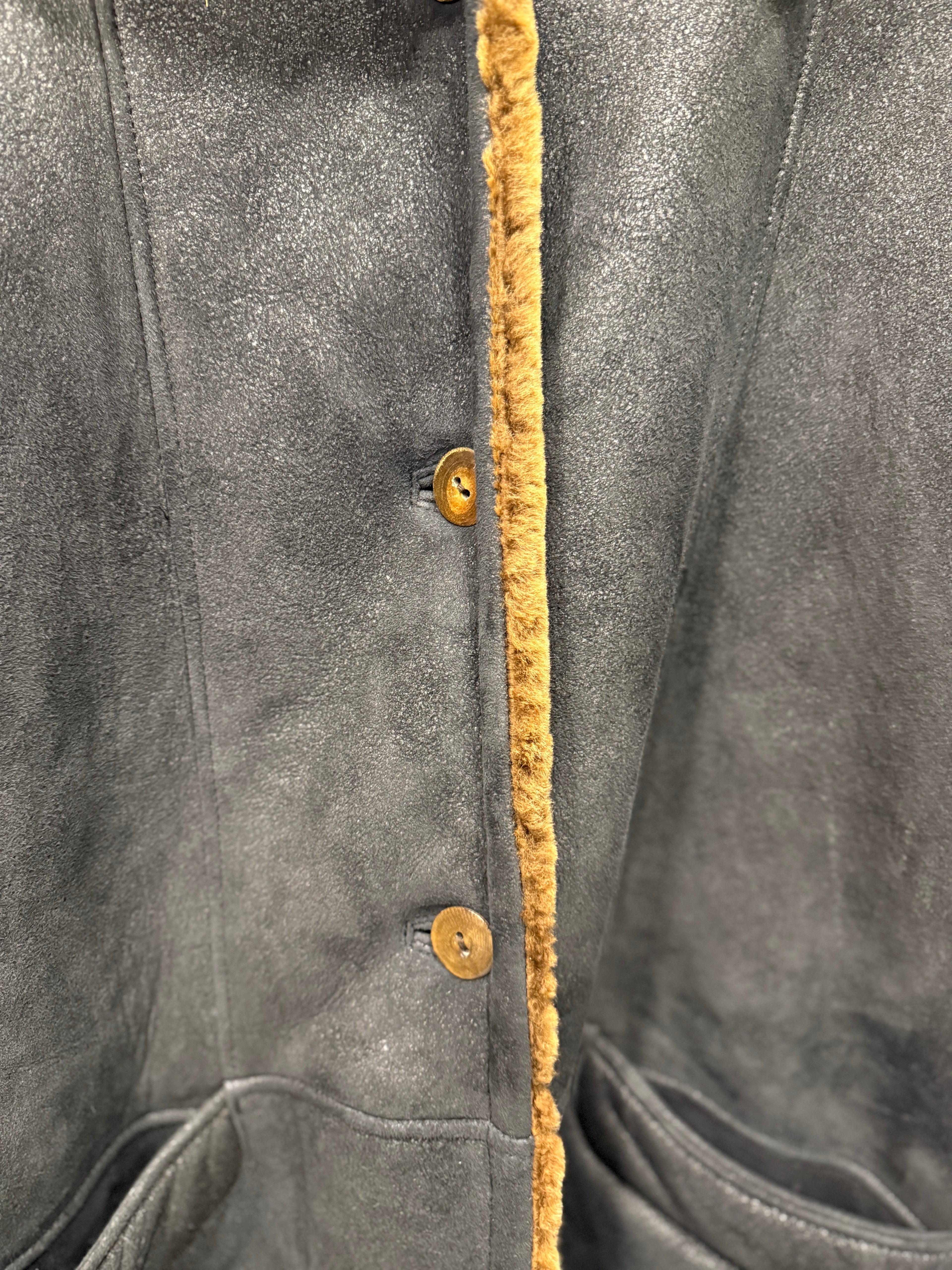 Women's Black Sheepskin Coat with Brown Fur - Size M