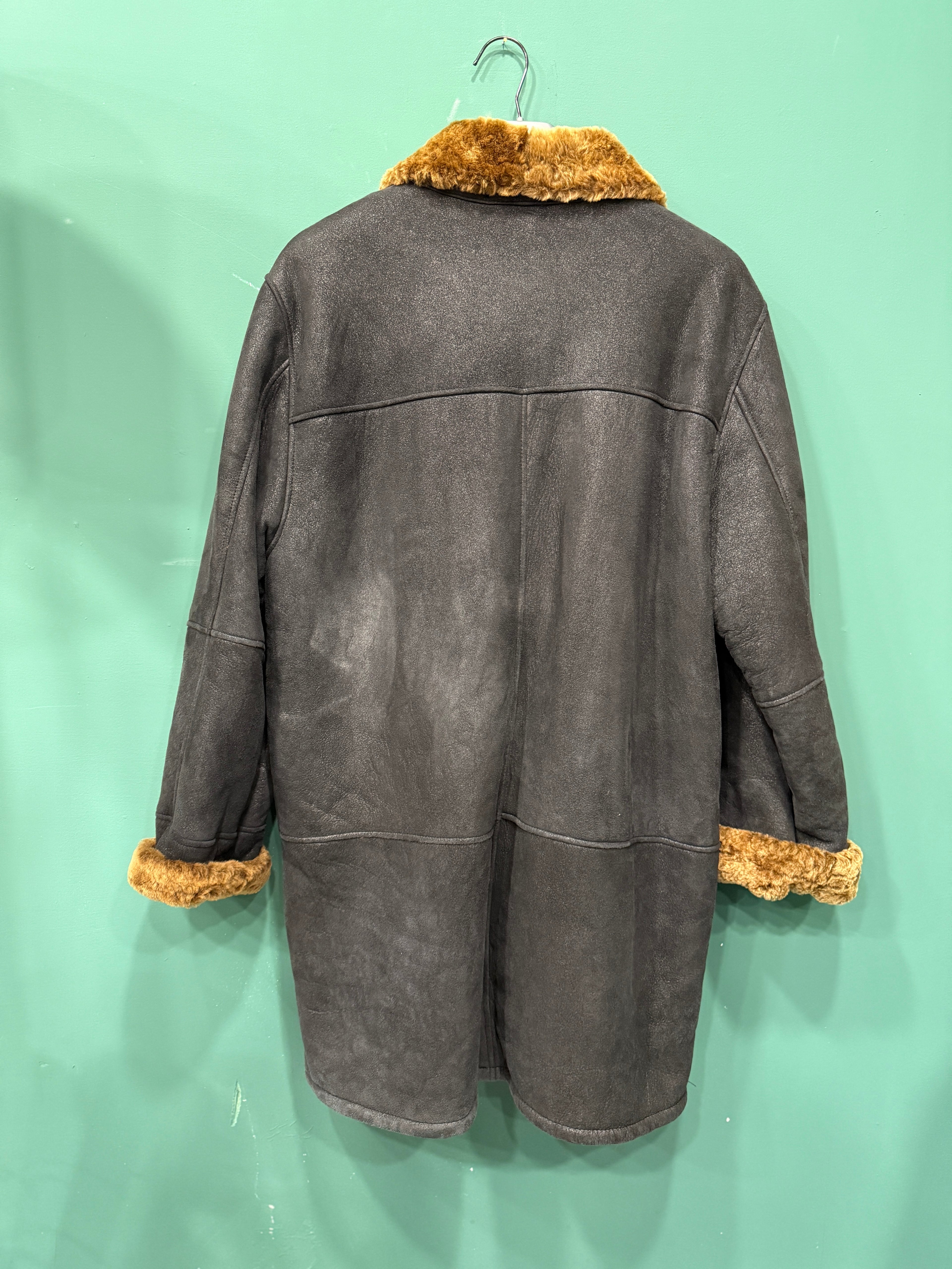 Women's Black Sheepskin Coat with Brown Fur - Size M