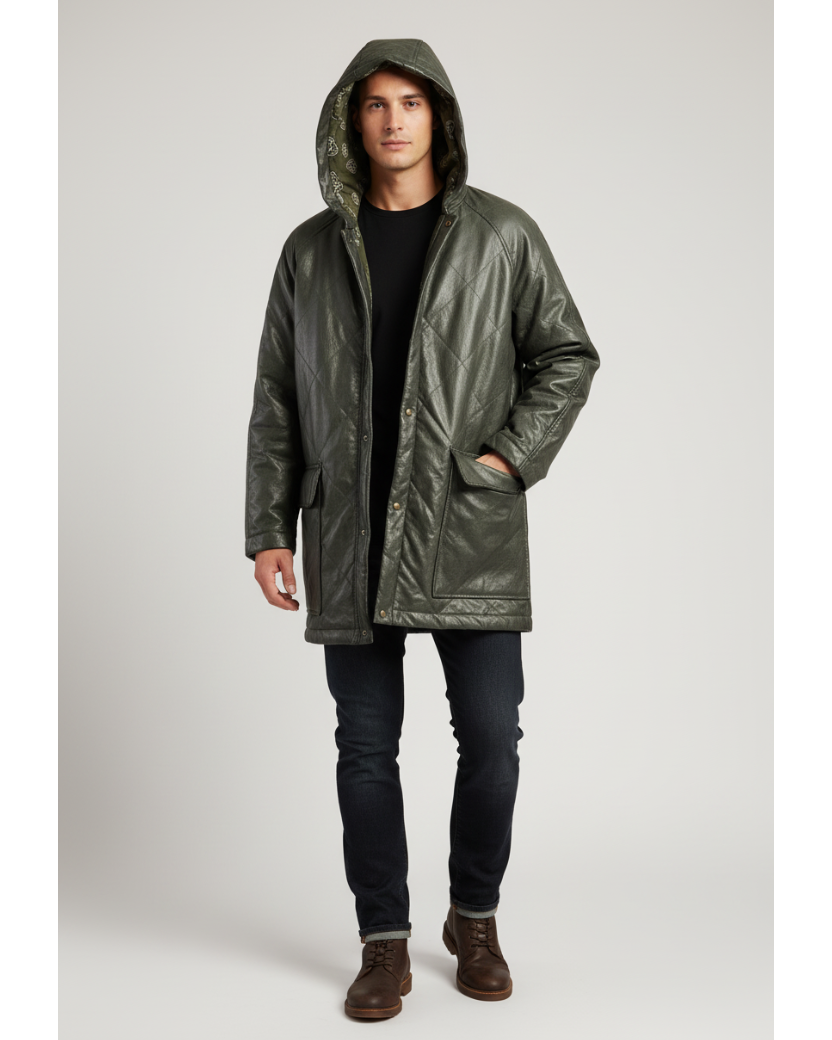 Modello che indossa giacca in vera pelle verde oliva con cappuccio